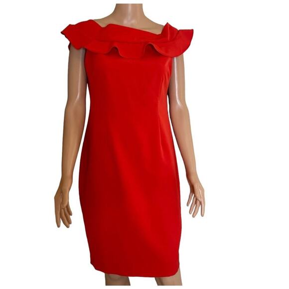 Eliza J. dress below knee ruffle shoulder line form fitting red zip up SZ 8 - Picture 4 of 12